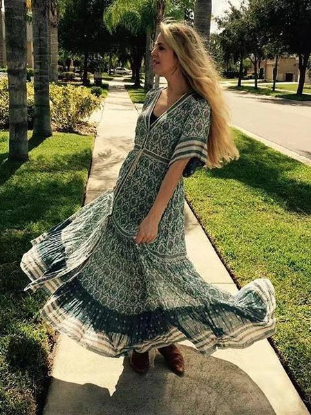 Vintage Bohemian Green Positioning Print Large Swing Dress