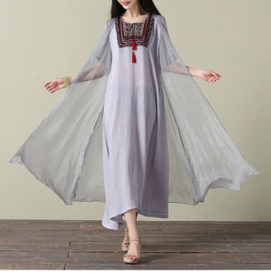 Embroidered Loose Casual Linen Cotton Maxi Dress