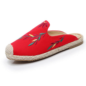 New Embroidered Leaves Slippers Women Wear Beach Shoes Hemp Rope Straw Fisherman Shoes Flat Muller Shoes