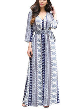 Load image into Gallery viewer, New V-Neck Print Three-Quarter Sleeve Large Swing Split Maxi Dress