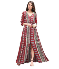 Load image into Gallery viewer, New V-Neck Print Three-Quarter Sleeve Large Swing Split Maxi Dress