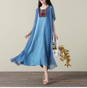 Embroidered Loose Casual Linen Cotton Maxi Dress