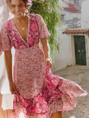 Pink Bohemia Style Floral Long Dress