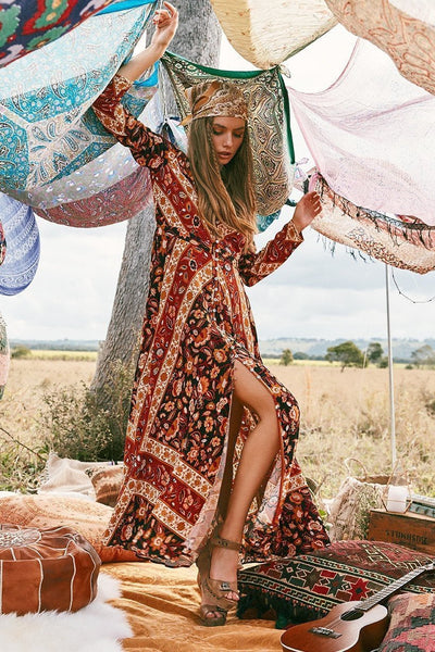 Summer Print Long Sleeve Bohemia Beach Maxi Long Dress