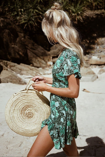 Print V Neck Short Sleeve Bohemia Mini Dress