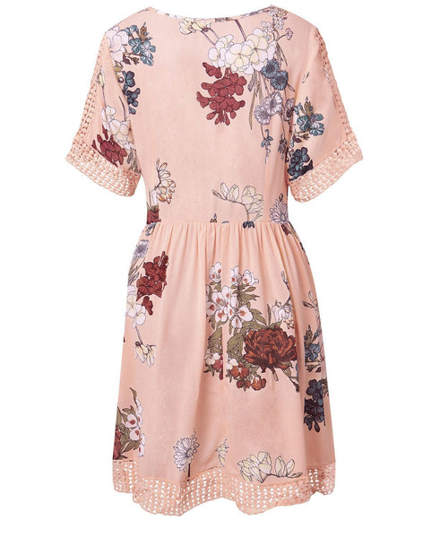 Floral V Neck Casual Half Sleeve Mini Dress