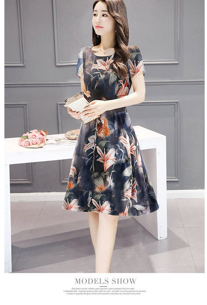 2018 Summer Floral Print Short Sleeve Pleat Midi Dress