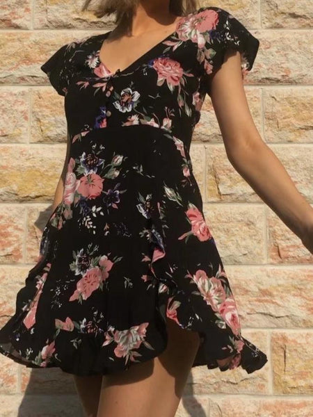 Summer New V-Neck Single-Breasted Ruffled Mini Dress