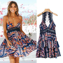 Load image into Gallery viewer, Boho Floral Print Summer Lace-up Ruffles V-neck Mini Dress