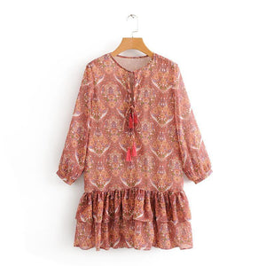 Summer Bohemian Fringed V-Neck Print Dress