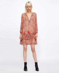 Summer Bohemian Fringed V-Neck Print Dress