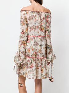 Floral Print V Neck Long Sleeve Bohemia Mini Dress