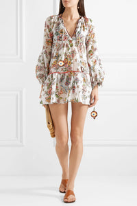 Floral Print V Neck Long Sleeve Bohemia Mini Dress