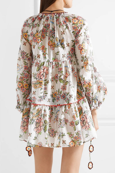 Floral Print V Neck Long Sleeve Bohemia Mini Dress