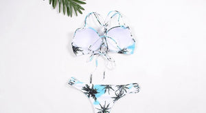Sexy Split Bikini Braided Straps Coconut Tree Print Swimsuit