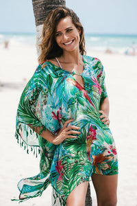 Chiffon Green Flower Loose Beach Sunscreen Cover-Up