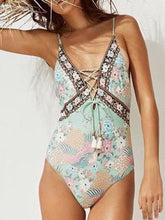 Load image into Gallery viewer, Bohemian V-neck sling cross straps hollow stretch print one-piece swimsuit
