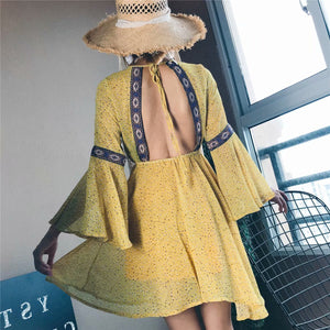 Yellow Backless Bohemia Beach Mini Dress