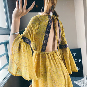 Yellow Backless Bohemia Beach Mini Dress