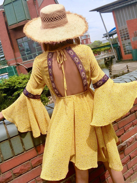 Summer New Yellow Backless Bohemian Beach Mini Dress