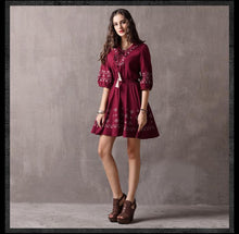 Load image into Gallery viewer, V-Neck Tie With Large Swing Skirt Vintage Embroidered Sleeve Dress