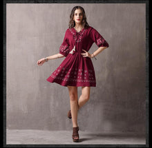 Load image into Gallery viewer, V-Neck Tie With Large Swing Skirt Vintage Embroidered Sleeve Dress