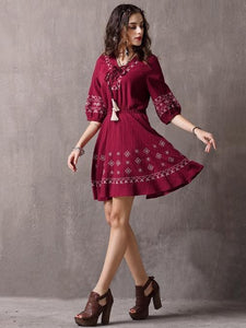 V-Neck Tie With Large Swing Skirt Vintage Embroidered Sleeve Dress
