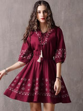 Load image into Gallery viewer, V-Neck Tie With Large Swing Skirt Vintage Embroidered Sleeve Dress