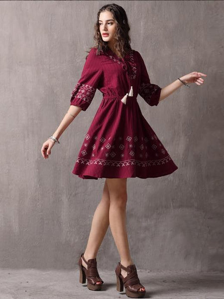 V-Neck Tie With Large Swing Skirt Vintage Embroidered Sleeve Dress