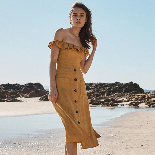Off Shoulder Button Beach Solid Color Dress