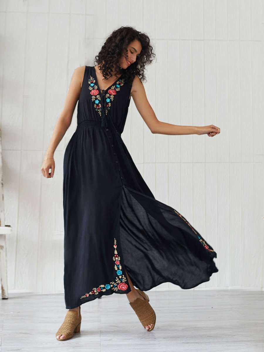 Bohemian V collar embroidered sleeveless wig dress