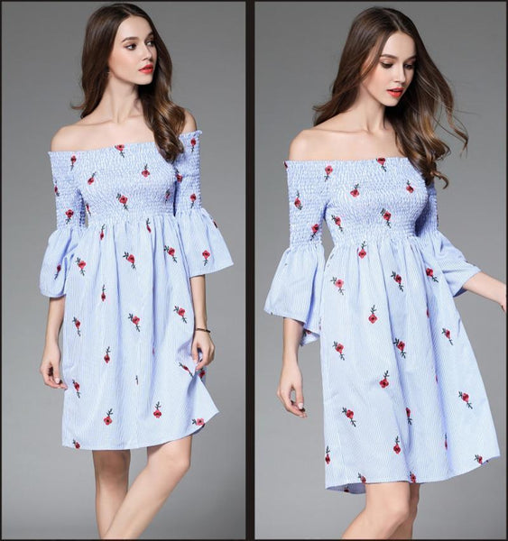 Off Shoulder Flower Embroidered New Casual Mini Dress