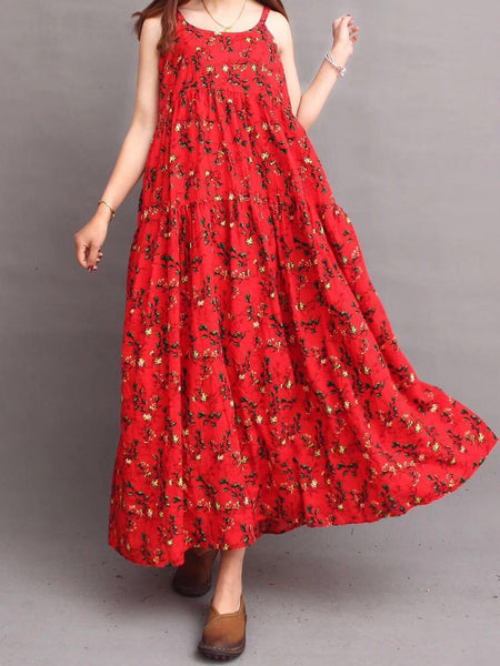 Vintage Linen Floral Print Loose Bohemia Beach Maxi Dress