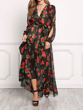 Load image into Gallery viewer, Floral Print V Neck Long Sleeve Belted Maxi Long Dress