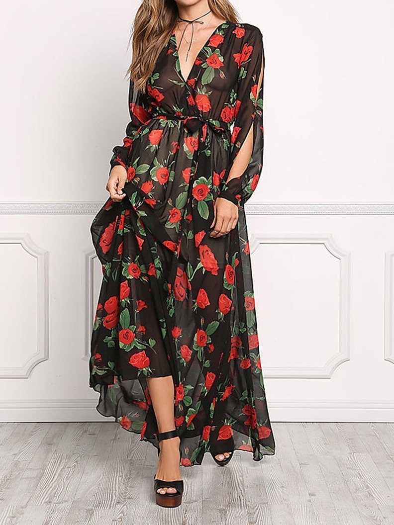 Floral Print V Neck Long Sleeve Belted Maxi Long Dress