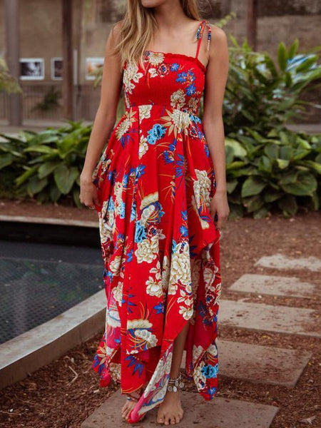 Print Spaghetti Strap Irregular Maxi Dress