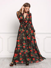 Load image into Gallery viewer, Floral Print V Neck Long Sleeve Belted Maxi Long Dress