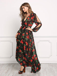 Floral Print V Neck Long Sleeve Belted Maxi Long Dress