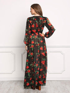 Floral Print V Neck Long Sleeve Belted Maxi Long Dress