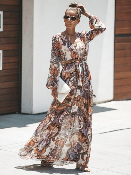 Print V Neck Long Sleeve Bohemia Maxi Dress