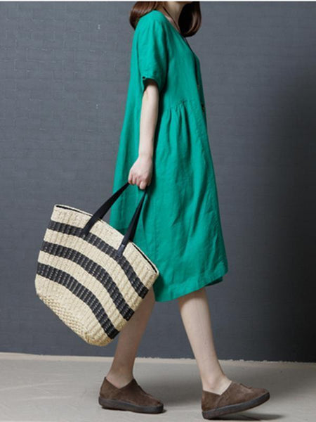 Linen Cotton Solid Color Short Sleeve Loose Dress