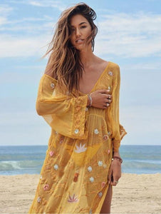 Embroidered V Neck Beach Maxi Dress