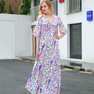 Elegant Printed V Neck Batwing Sleeve High Waist Maxi Long Dress