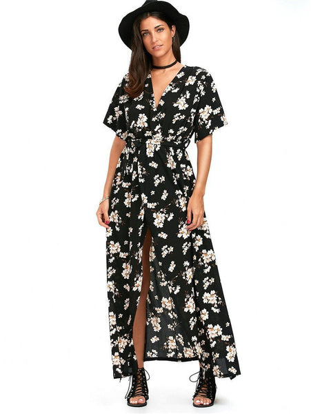 Floral Print V Neck Split Belted Beach Maxi Dress