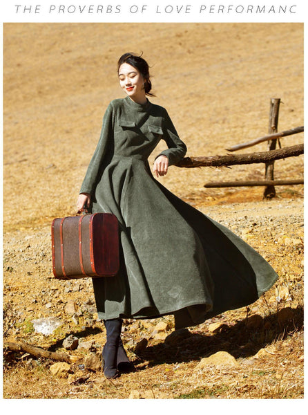 Big Hem High Waist Long Sleeve Corduroy Long Maxi Dress