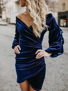 2018 Solid Color V Neck Long Sleeve Irregular Mini Dress
