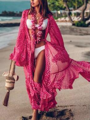 Chiffon Rose Red Dot Trumpet Sleeve Bikini Sunscreen Cover Up