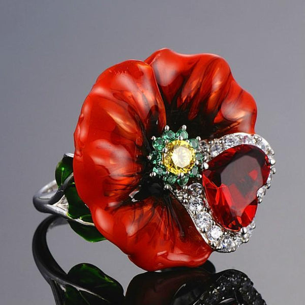 Enamel Cloisonne Red Flower Leaf Heart Cubic Zirconia Luxury Jewelry For Women Big Gift For Girls Engagement Rings