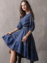 Load image into Gallery viewer, Denim Embroidery Irregular Sleeves Long Tail Dress