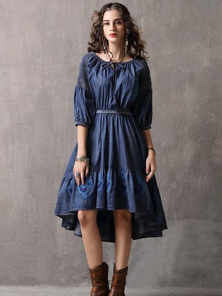 Denim Embroidery Irregular Sleeves Long Tail Dress